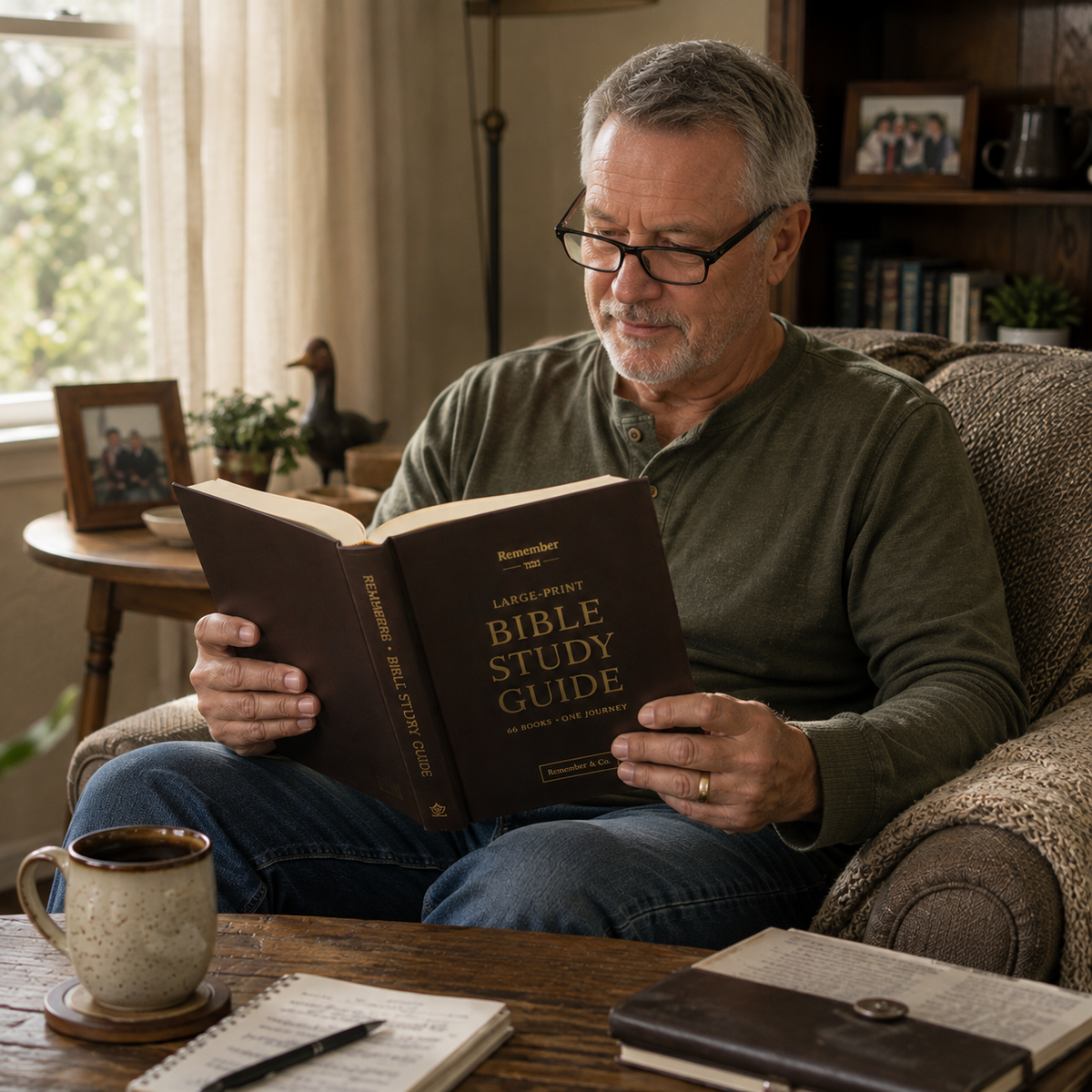 The guide styled on a wood table with linen, a vase, and coffee